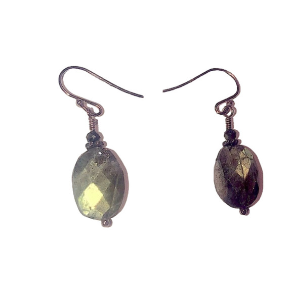 VTG Sterling Silver Labradorite Oval Facet Cut Earrings 1.5” - Picture 1 of 6